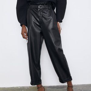ZARA • Black Faux Leather High Waist Paperbag Trouser Pants